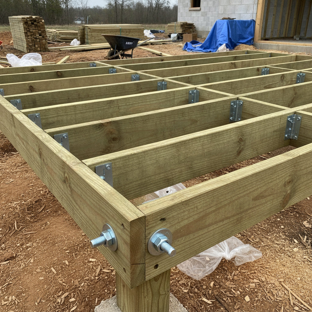 Pressure-treated deck frame with joists, beams, and galvanized hardware during construction in Mississauga