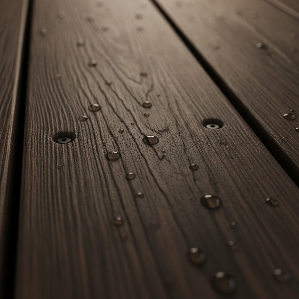 Composite decking close-up with hidden fasteners and water beading, ideal for Mississauga low-maintenance backyards