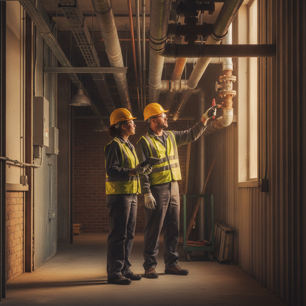 Maintenance technicians inspecting identified piping with clear arrows and color bands in a U.S. warehouse corridor