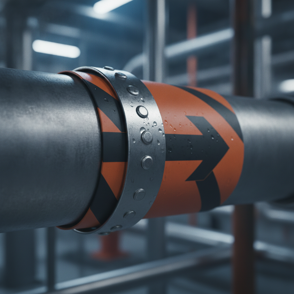 Close-up of a durable pipe marker with arrow used for piping identification in a U.S. industrial facility