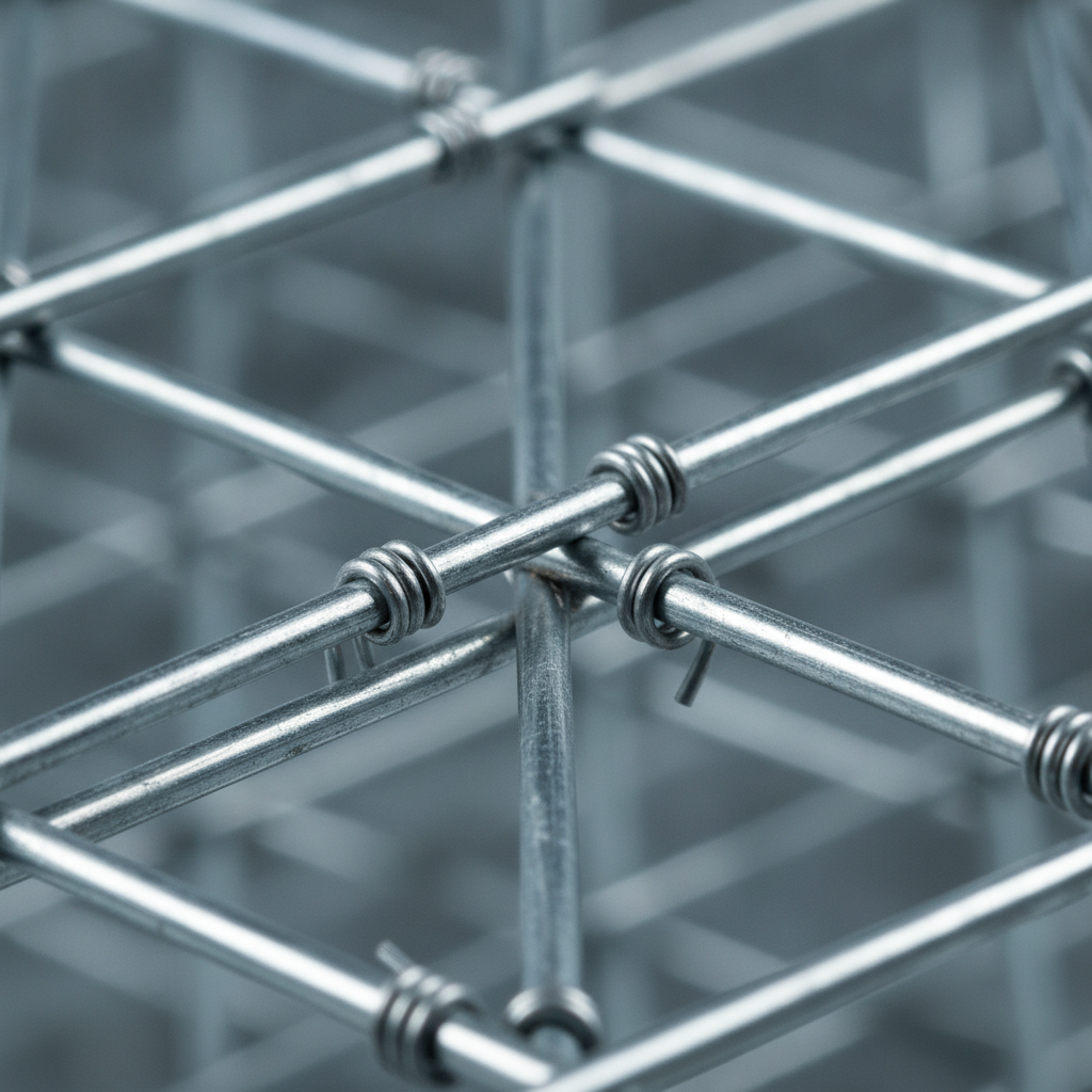 Close-up of 6x6 welded wire mesh intersections, lap splice, and tie wire used as concrete reinforcement