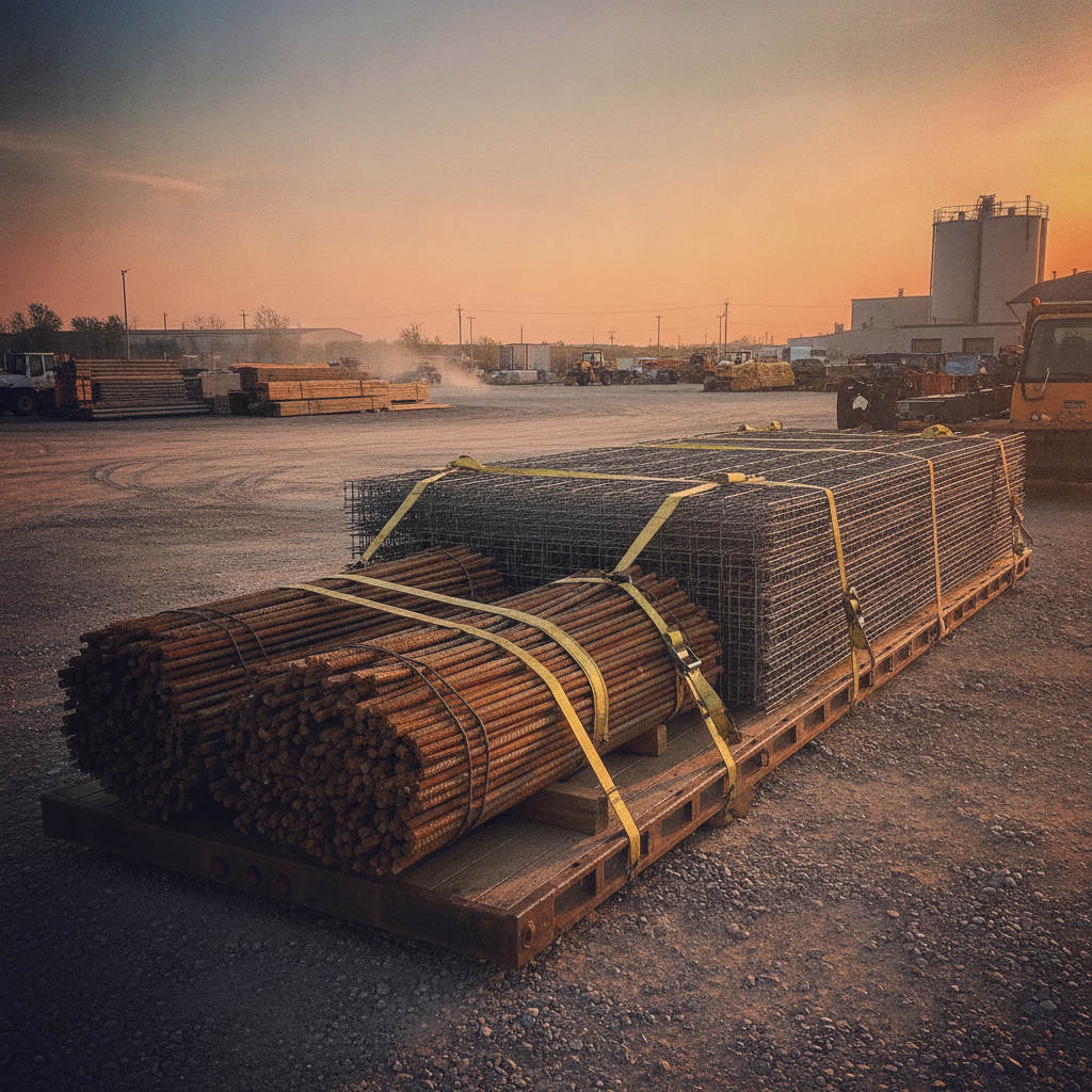 Flatbed truck with bundled rebar and welded wire mesh staged for delivery in Woodbridge Ontario