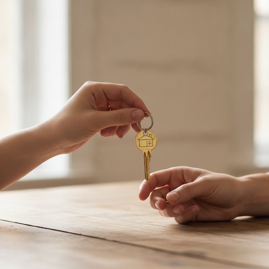 Close-up of hands exchanging a house key to illustrate signing a free property rental agreement in Canada