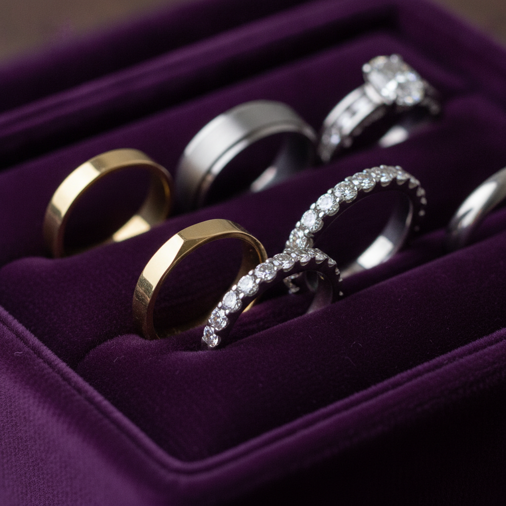 Close-up of 14k gold and platinum wedding rings with pavé and channel-set lab-grown diamonds on velvet in Manhattan—how to buy a wedding ring online