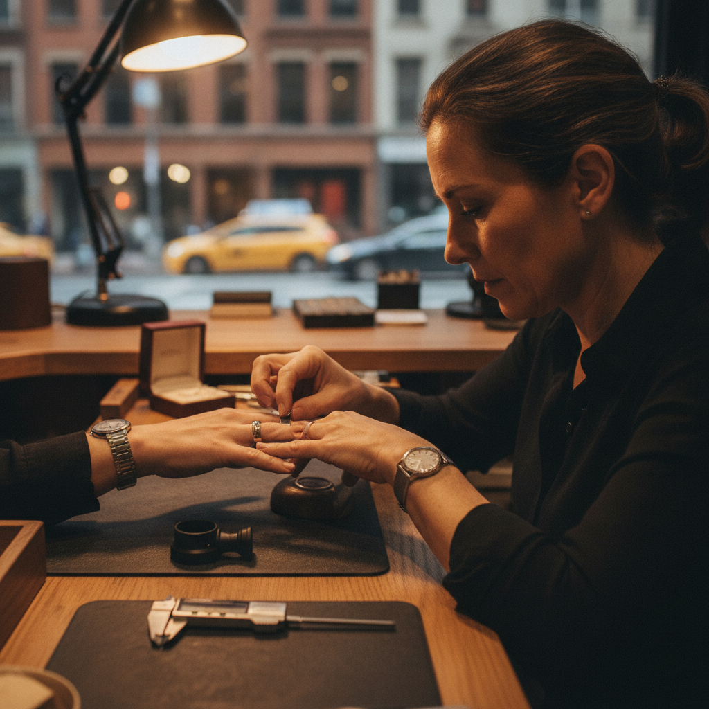 Professional jeweler in New York using a metal ring sizer and calipers—tools that simplify how to buy a wedding ring with precise fit