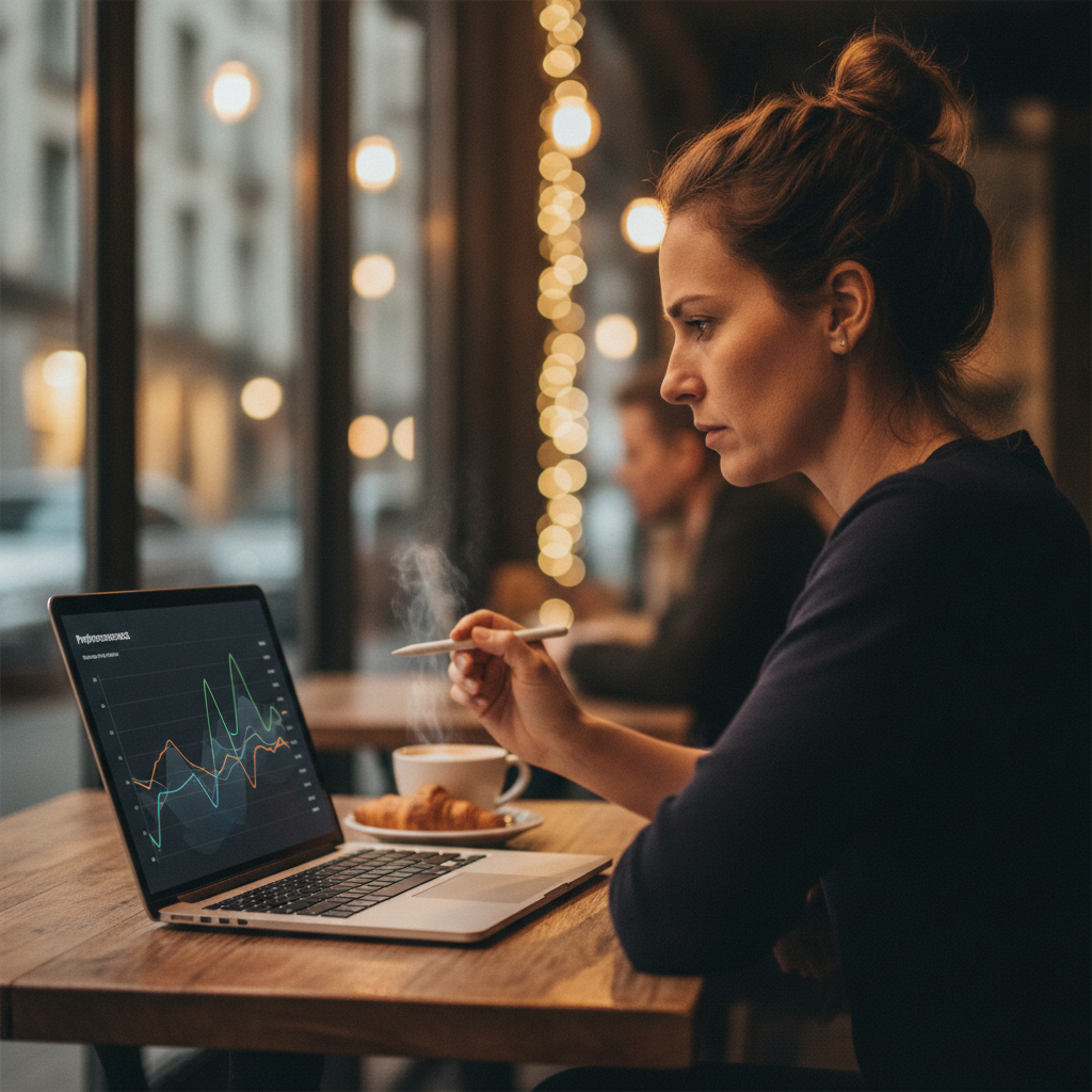 Small business owner reviewing automated SEO reports on a laptop in a cafe, illustrating how timely, text-free visuals speed decisions