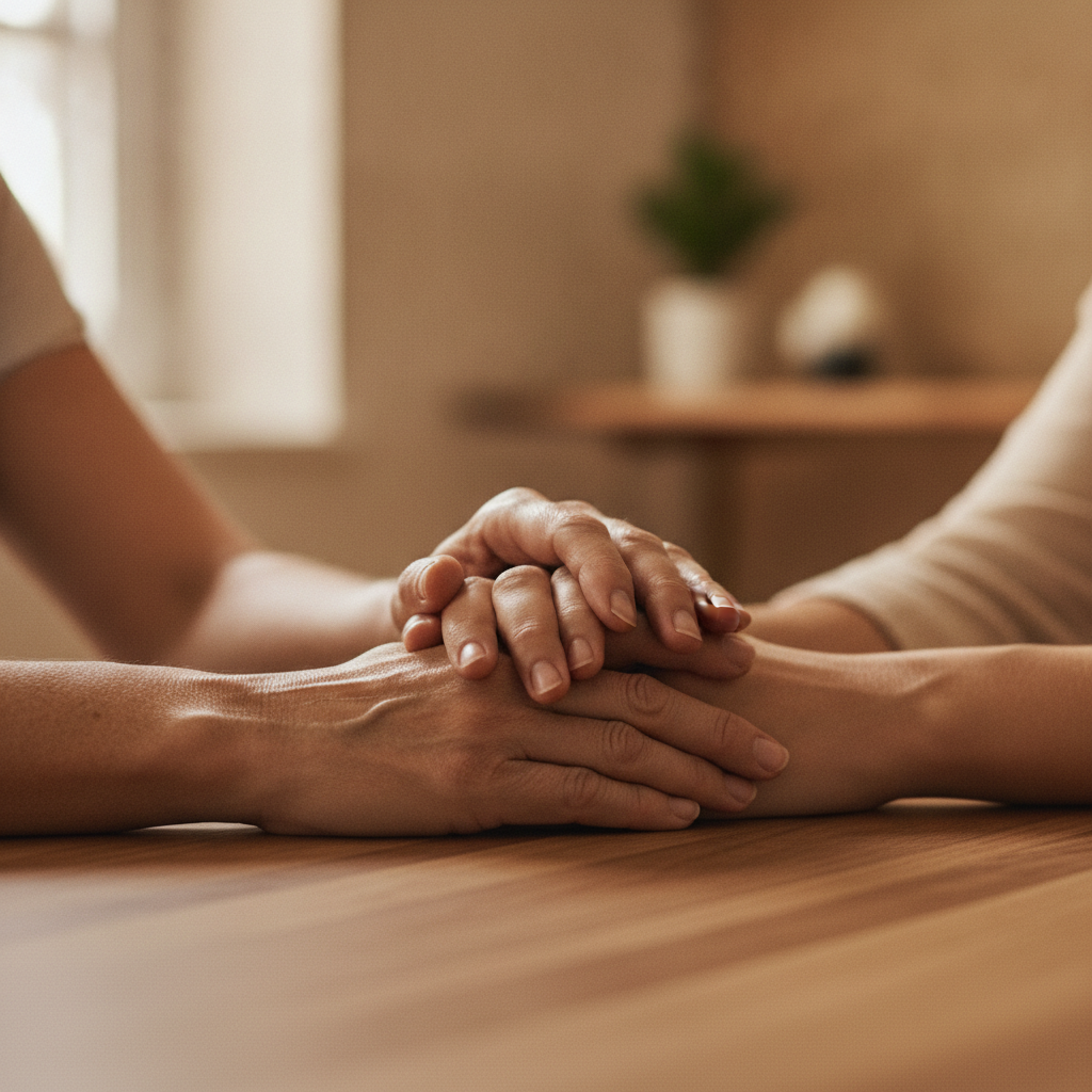 Close-up of compassionate counseling hands symbolizing recovery support and ongoing guidance