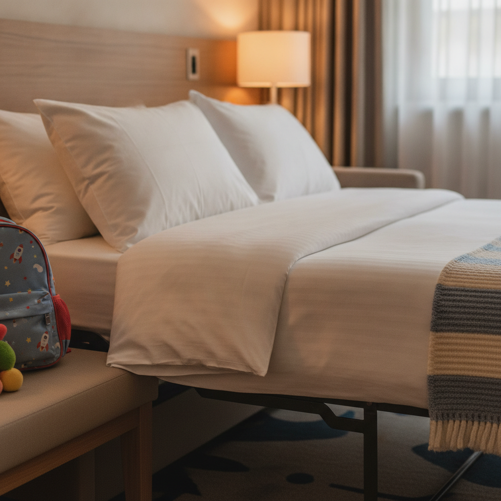 Detail of a fold-out sofa bed in a family hotel room, ideal extra sleep surface for families in North Conway