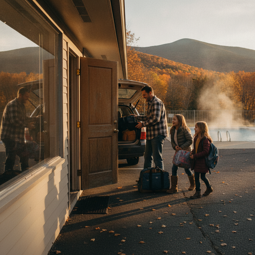 Family unloading luggage next to a motel room door with outdoor heated pool nearby in North Conway