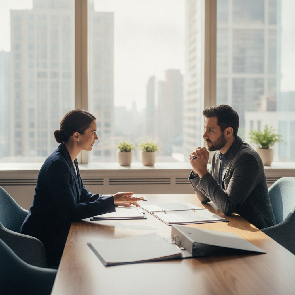 Lawyer consulting a client in Canada about a Federal Court appeal strategy, discussing timelines and key issues