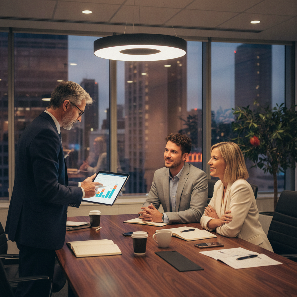 Team reviewing a business tax filing plan: advisor guiding owners through BAS, GST, PAYG, STP, and year-end reporting workflow