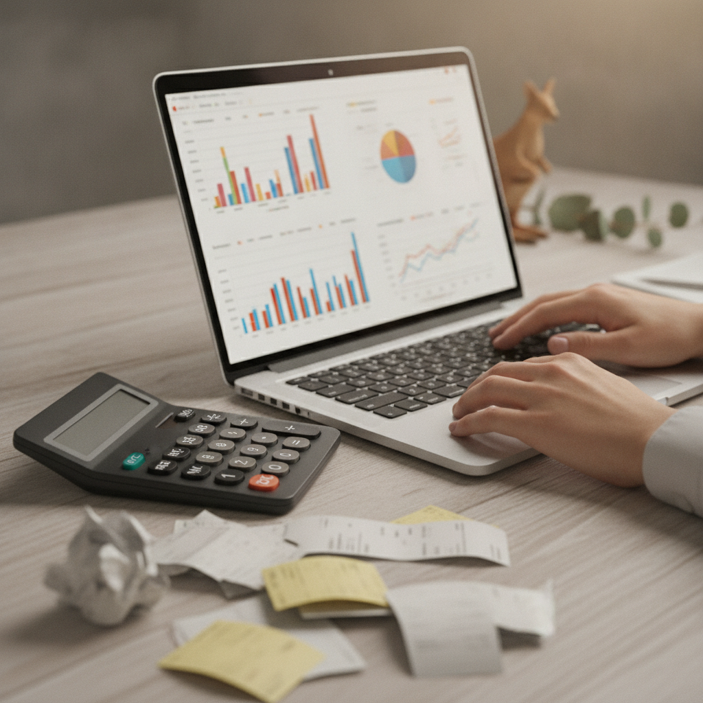 Detail shot of business tax filing tasks: laptop, calculator, and receipts organized for BAS, GST, PAYG, and STP compliance