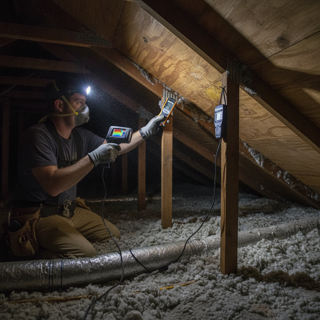 Technician using thermal camera and moisture meter in attic to support mold testing and moisture mapping