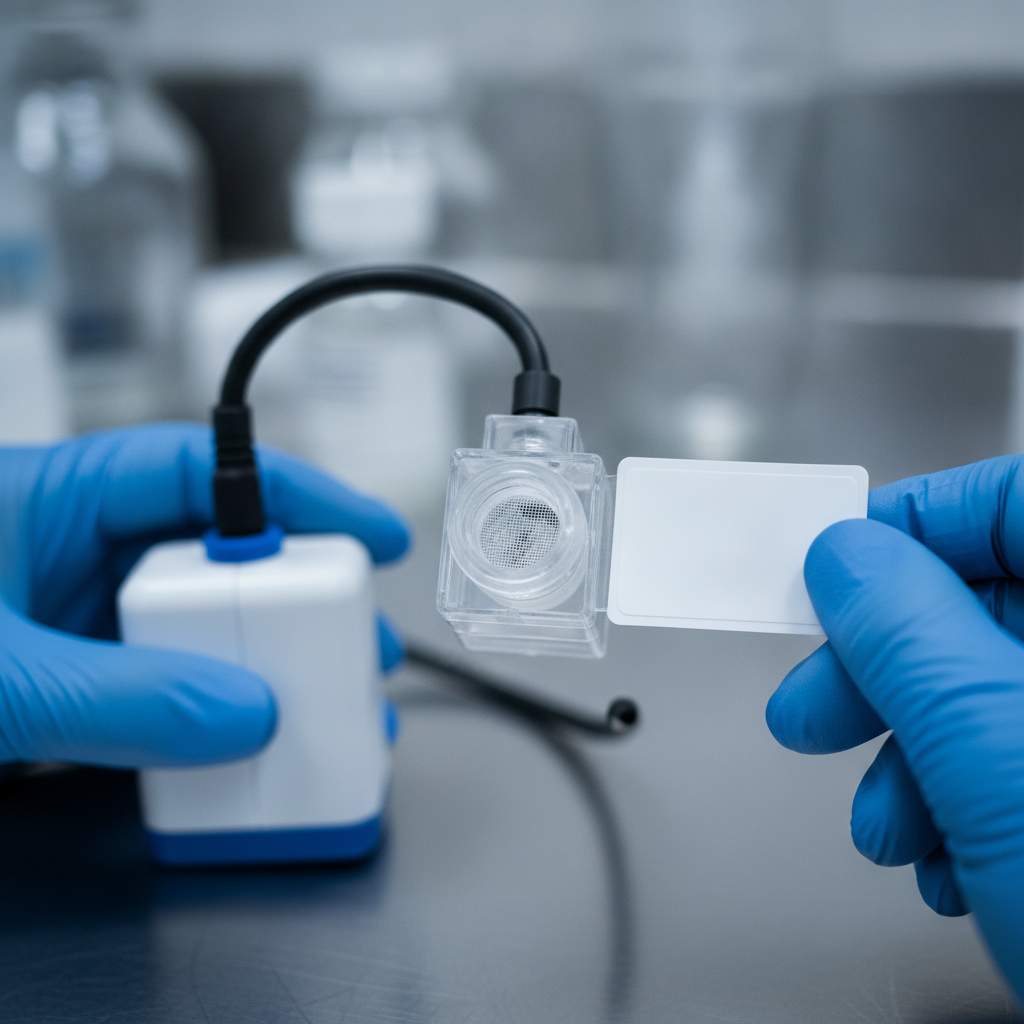 Close-up of spore trap cassette for professional mold testing with gloved hands labeling the cassette