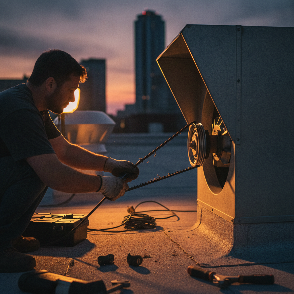 Technician replacing a worn fan belt on a rooftop commercial exhaust fan for a restaurant in Ontario