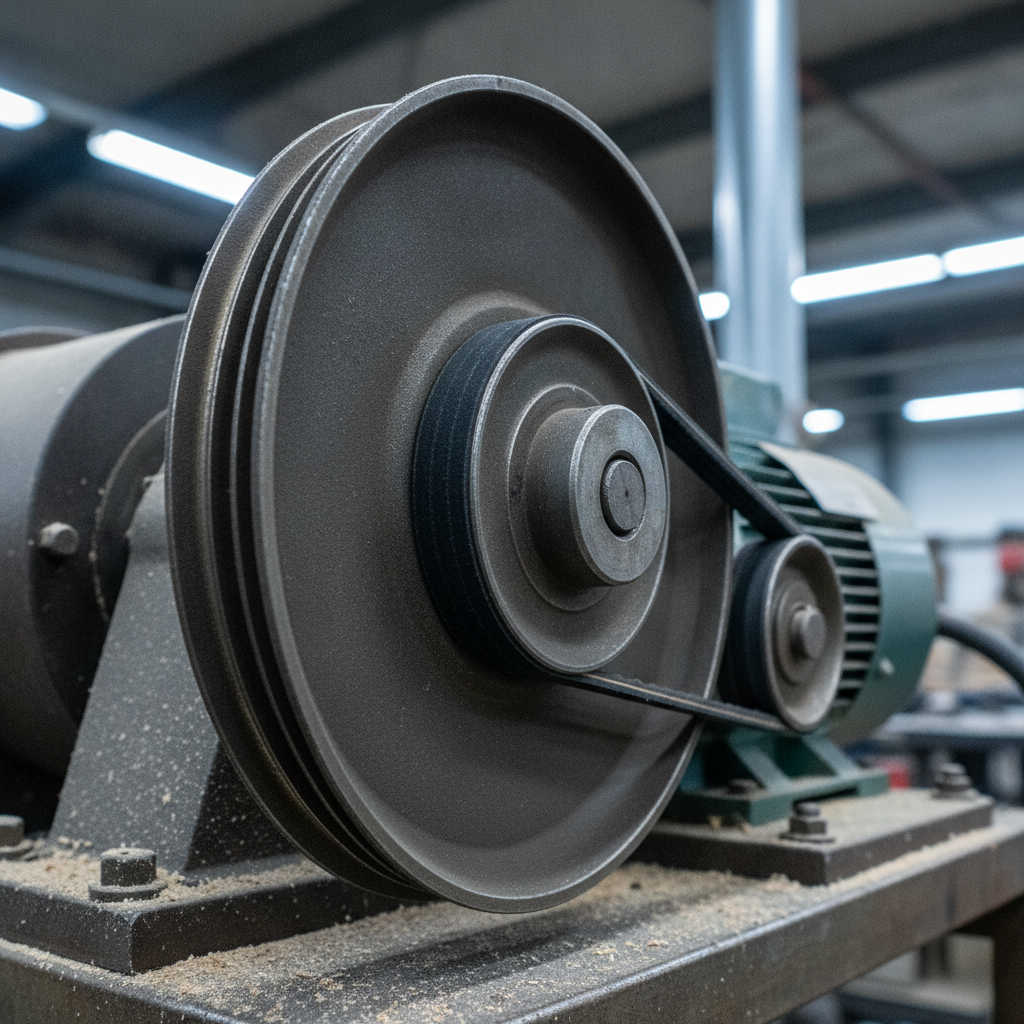 Close-up of a commercial exhaust fan V-belt on pulley, showing proper alignment and tension for kitchen ventilation