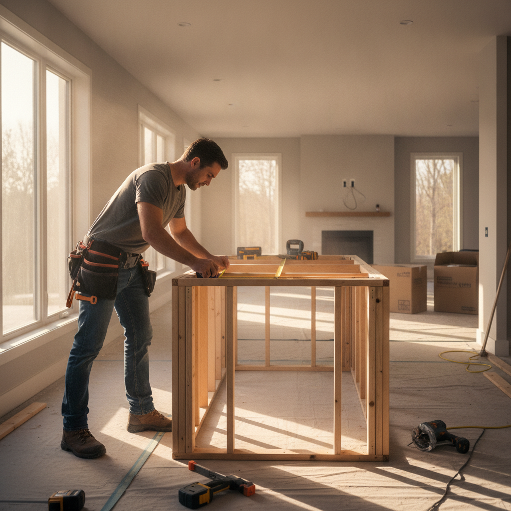 Contractor measuring a kitchen island during a bright home renovation funded by a cash-out refinance in Australia