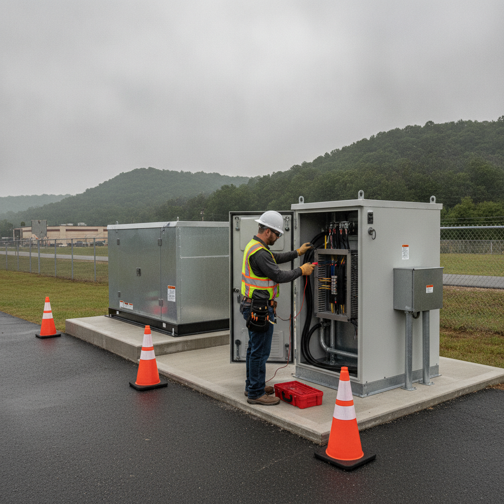 Technician inspecting a generator transfer switch for preventive electrical maintenance in Roane County, Tennessee