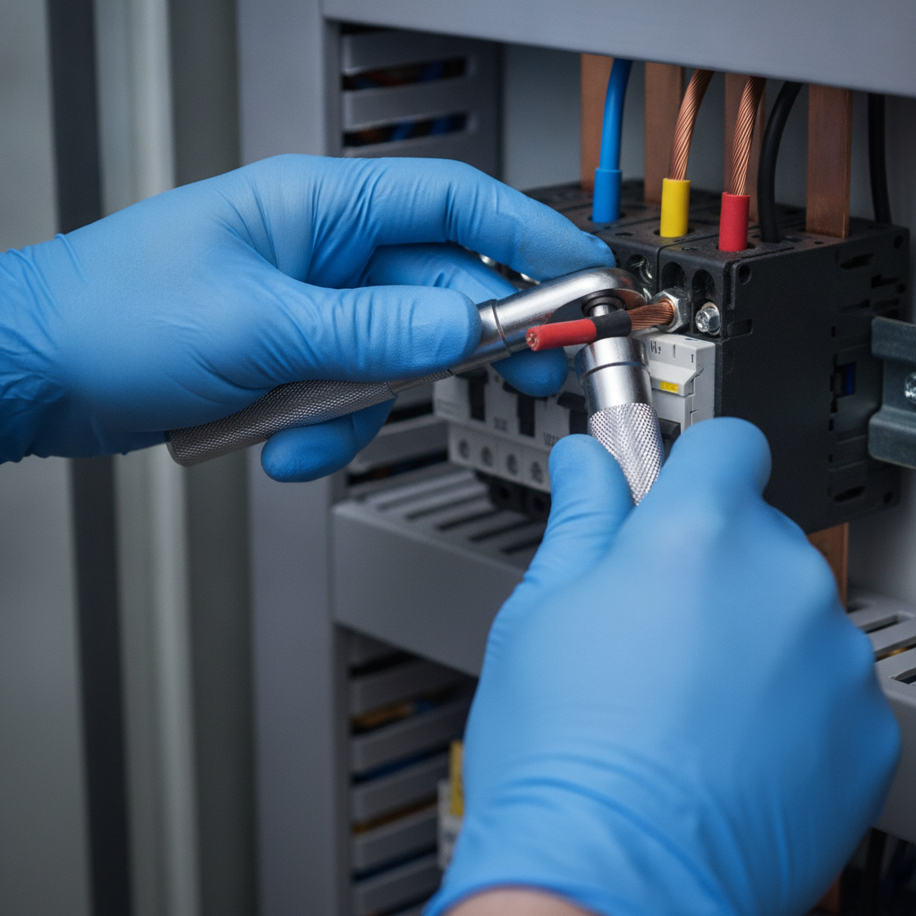 Close-up of electrician torqueing a circuit breaker connection during electrical installation and maintenance in Kingston, TN