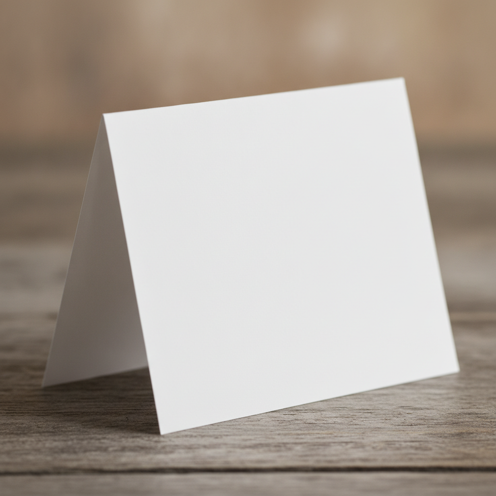 Close-up of a matte table tent card ready for event promotions on a wooden tabletop
