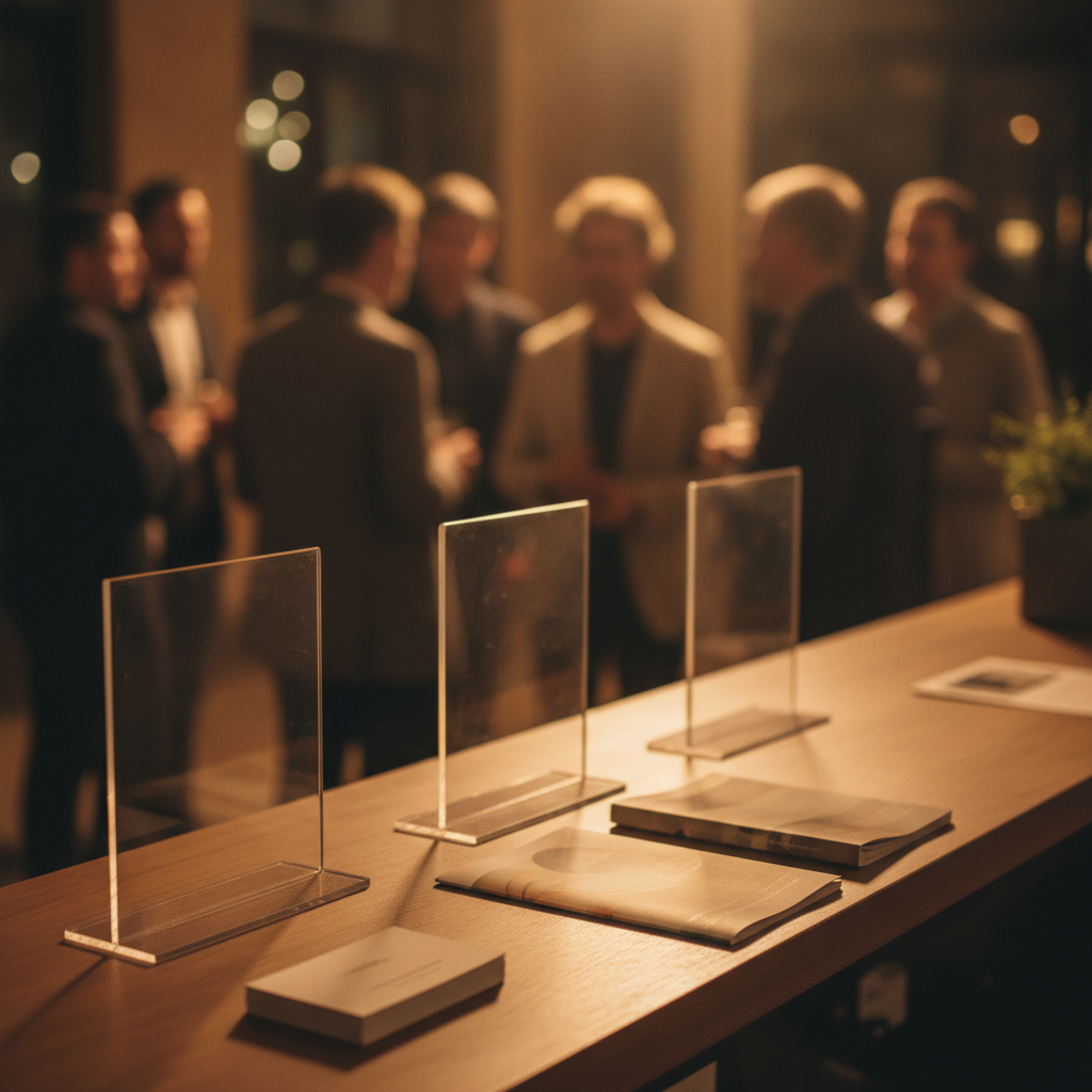 Reception counter scene with table tents beside business cards and brochures, illustrating a coordinated event setup