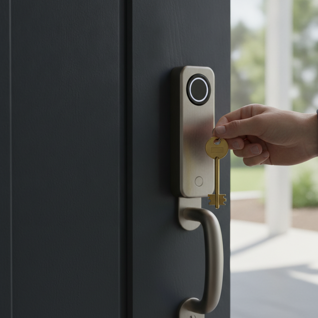 Close-up of a new homeowner holding a brass key at a modern Edmonton front door; Edmonton property search success using MLS map filters