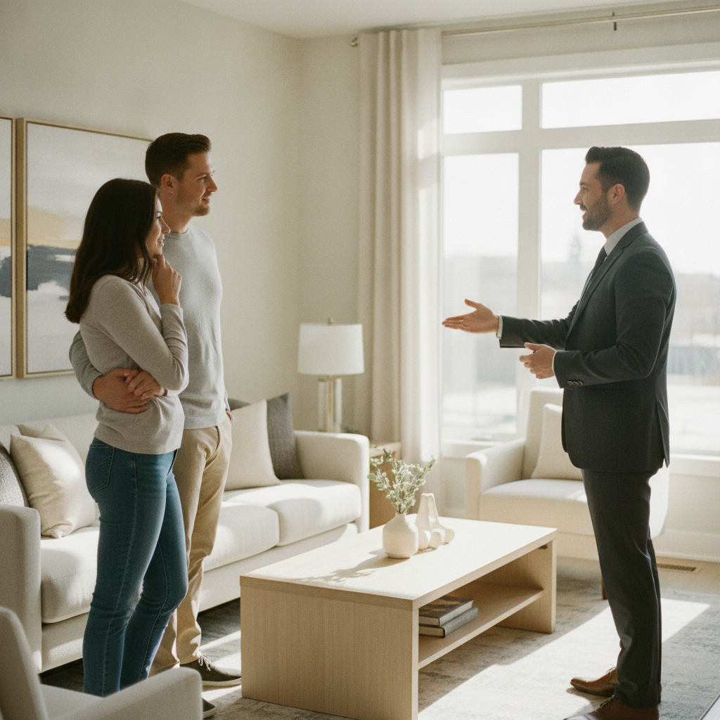 A real estate agent guiding buyers through a bright staged living room in an Edmonton home, demonstrating the showing process and negotiation planning