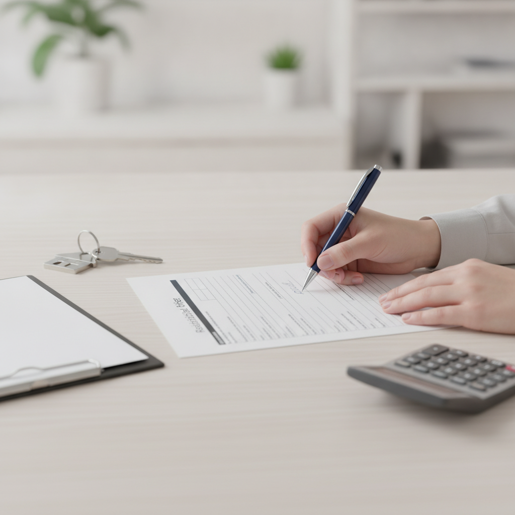 Signing a Mississauga real estate offer document with keys and checklist – Mississauga offer and negotiation process