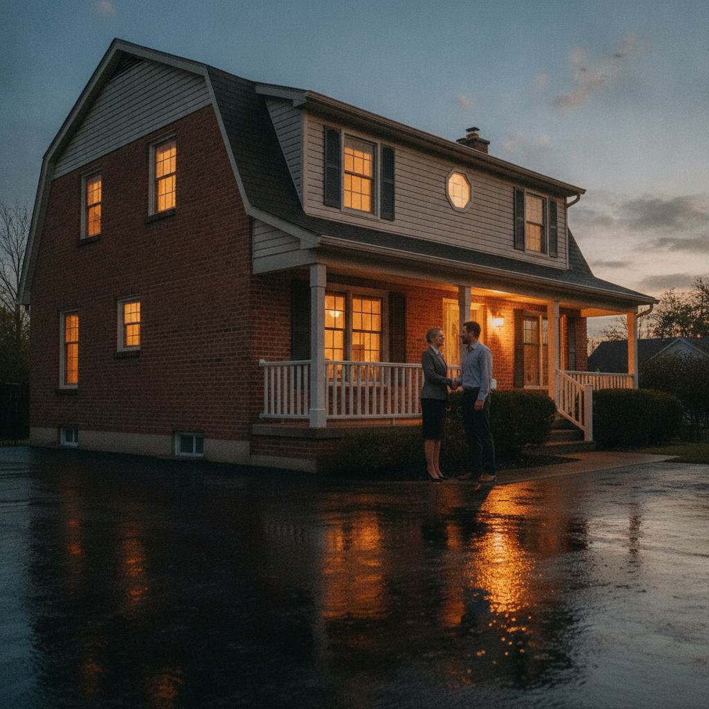 Agent and buyers shaking hands at a Mississauga detached home after a successful negotiation – Mississauga offer and negotiation process