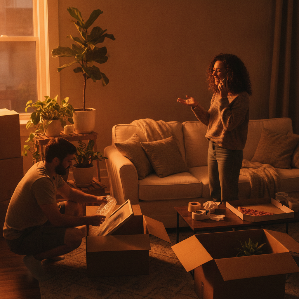 Young couple unpacking boxes in a new apartment, making a phone call to finalize their renters insurance quote