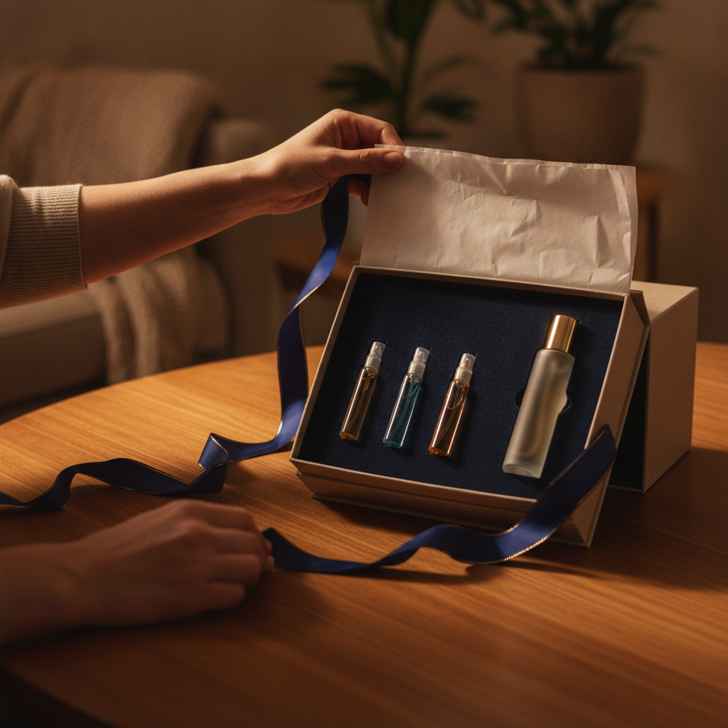 Lifestyle shot of unboxing a gift-ready perfume discovery set from a luxury perfume store, showing vials and a sleek bottle on a wooden table