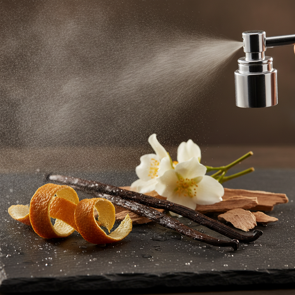 Close-up of perfume atomizer misting over bergamot, jasmine, vanilla, and cedar—capturing ingredients a luxury perfume store curates for long-lasting wear
