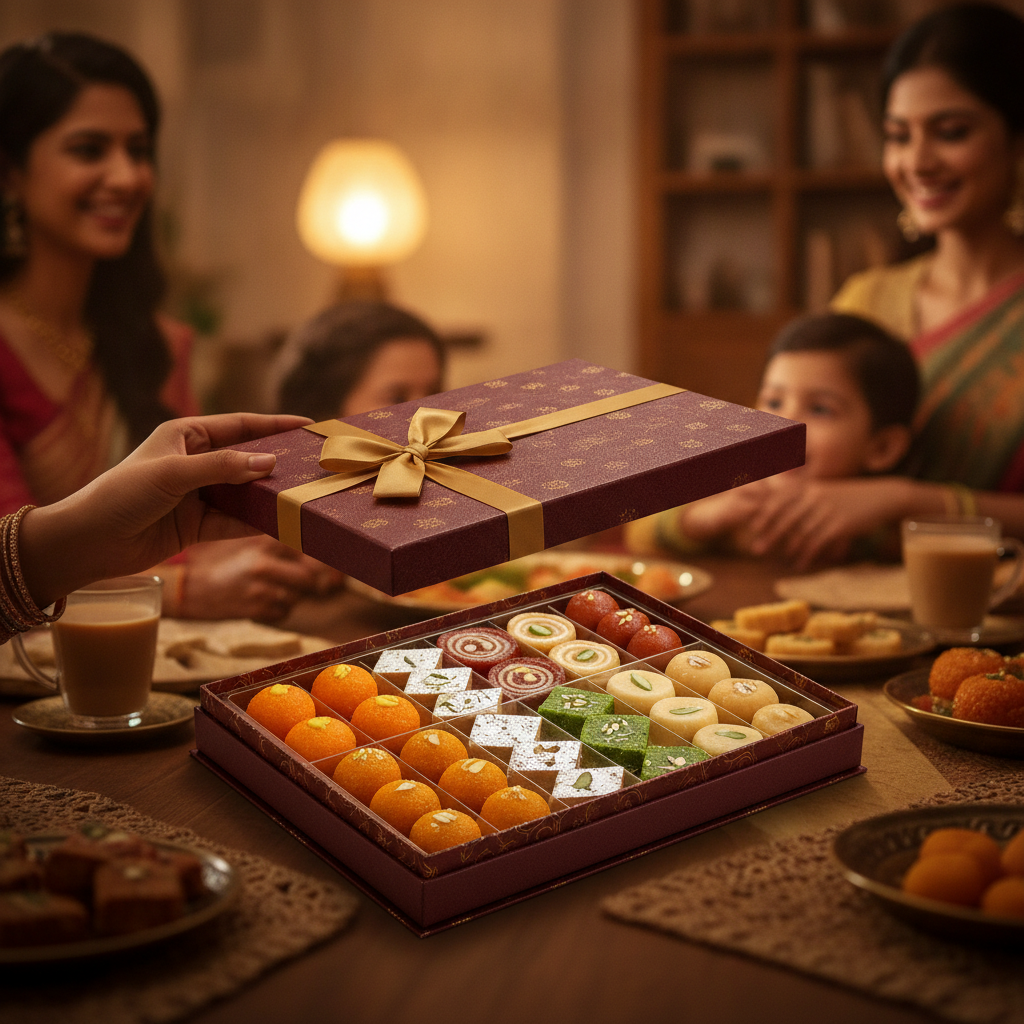 Premium gift-ready Indian desserts box being opened at a family celebration in Brampton