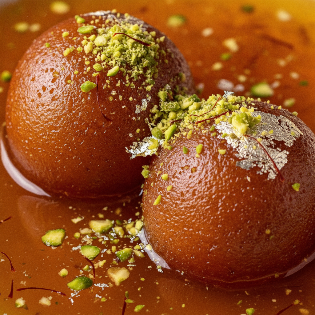 Close-up of gulab jamun in saffron-cardamom syrup, a beloved Indian dessert from The Mithai Maharaja Brampton