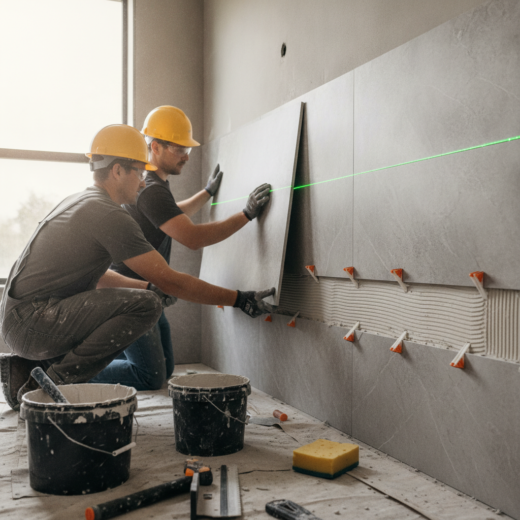 Contractors installing large-format porcelain tile with leveling spacers and a laser level during an ON bathroom renovation