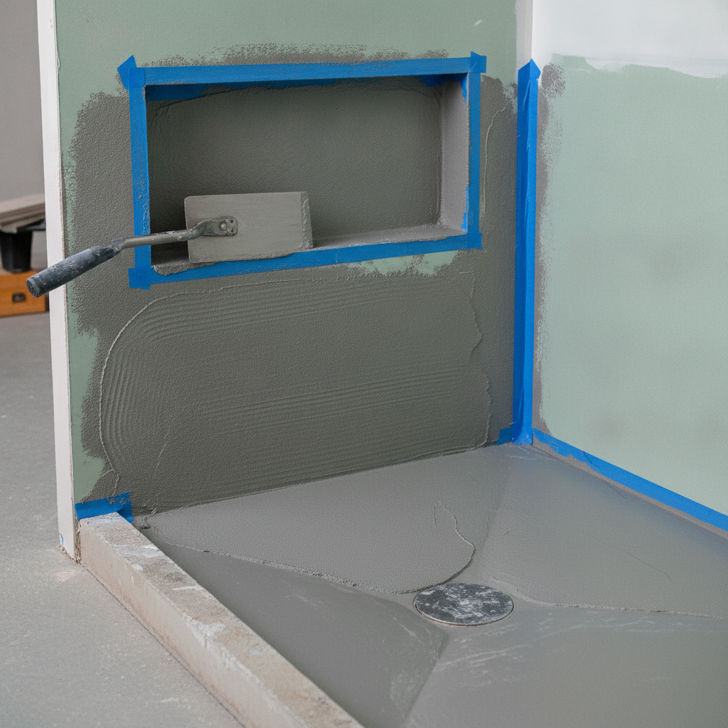 Bathroom waterproofing membrane close-up by a bathroom renovations contractor; trowel lines, corner tape, and proper slope to drain