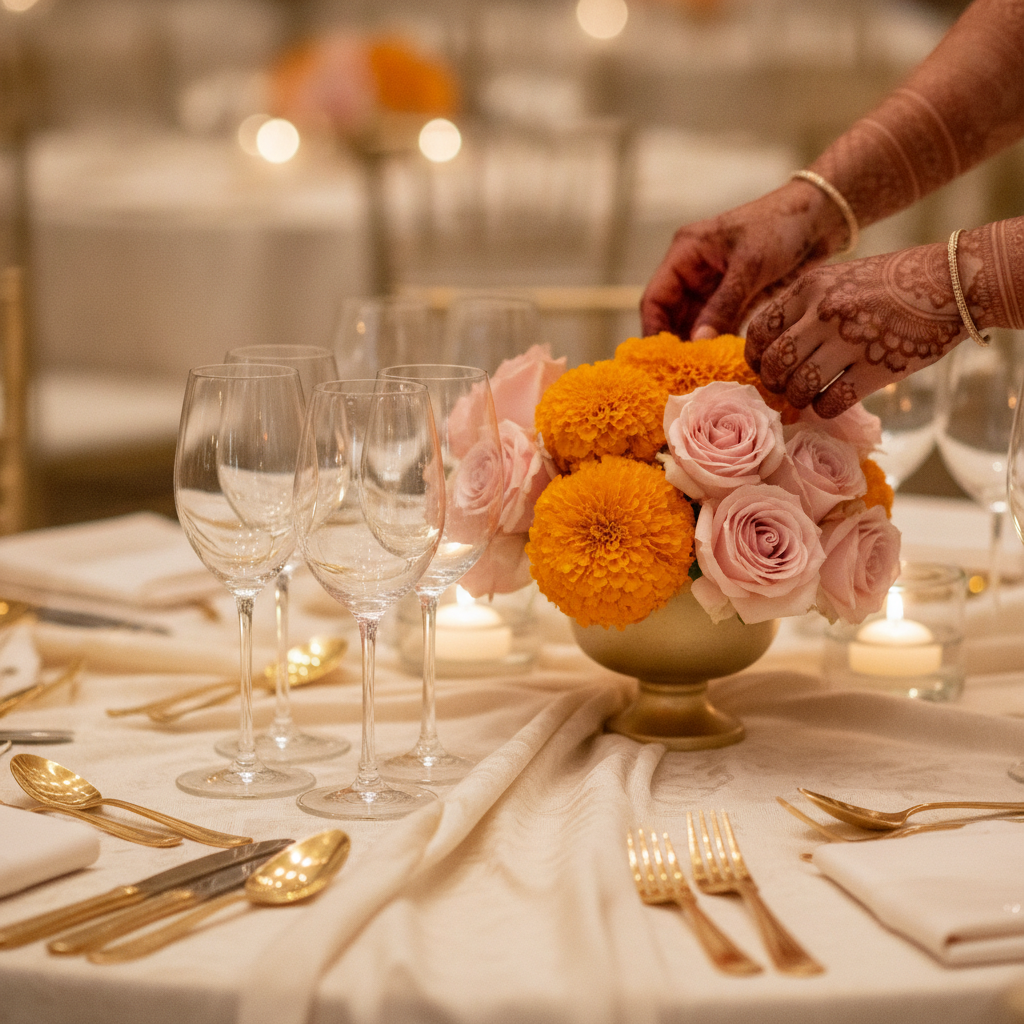 Detail of South Asian destination wedding tablescape with marigolds, gold flatware, and candles curated by a destination wedding planner