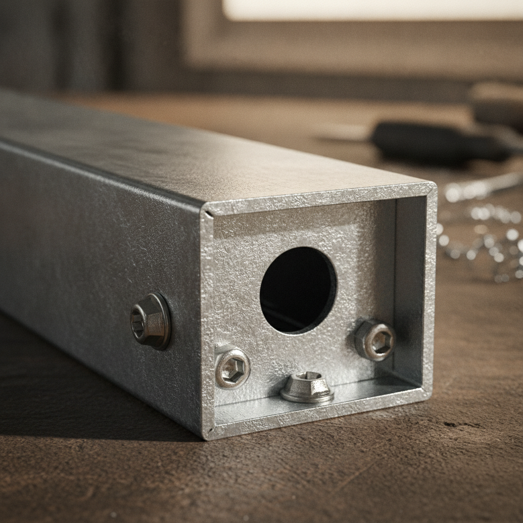Close-up of a galvanized C-shaped steel stud seated in U-track, showing flanges, web, and knockout for services — metal stud framing detail