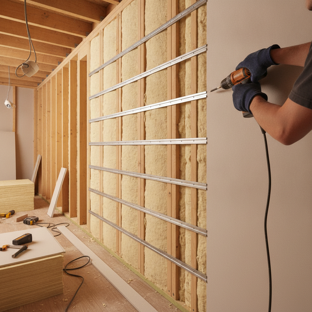 Resilient channel installed over steel studs with mineral wool insulation and gypsum board being attached — acoustic metal stud framing assembly