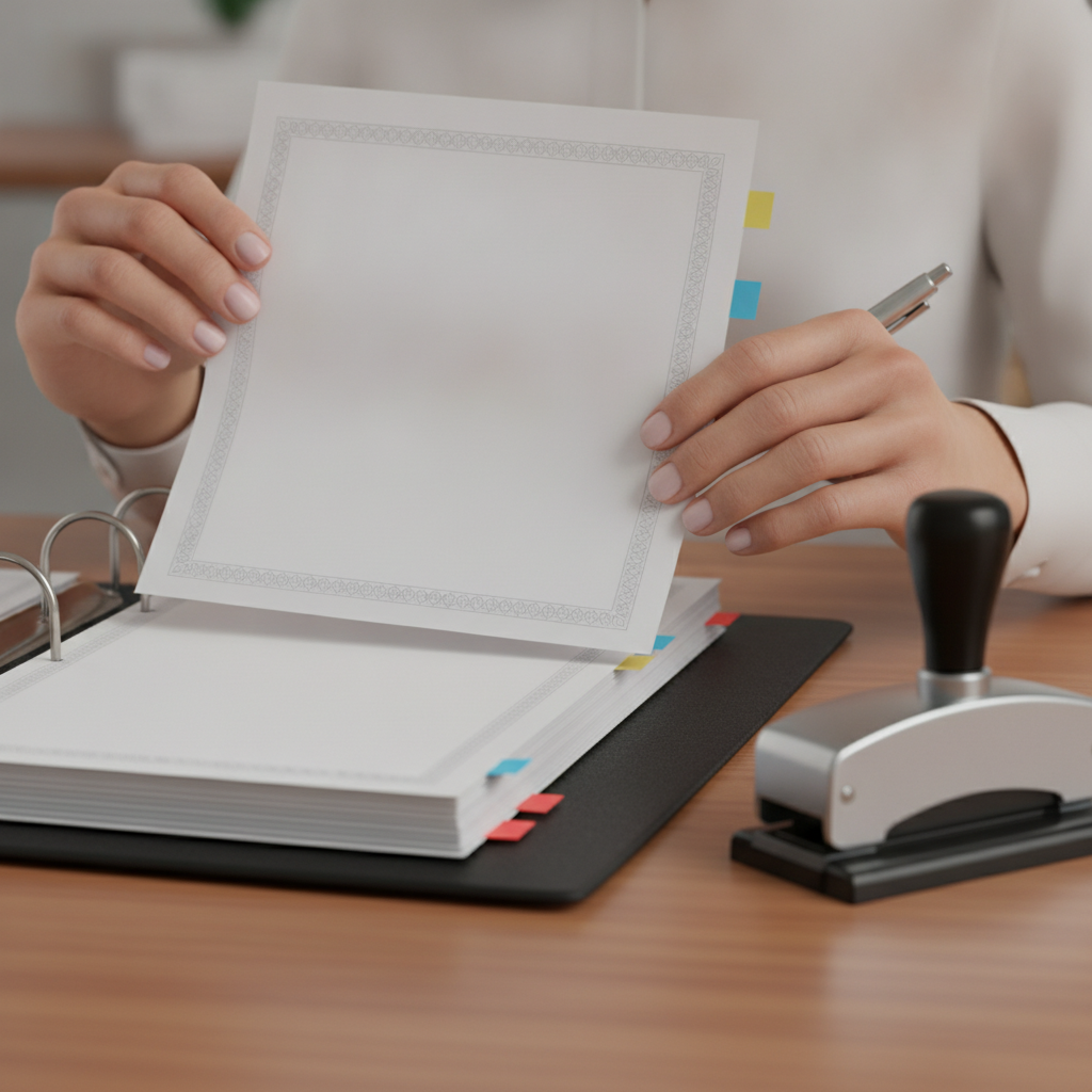 Close‑up of corporate minute book setup with share certificates, binder rings, and corporate seal—illustrating incorporation records best practices