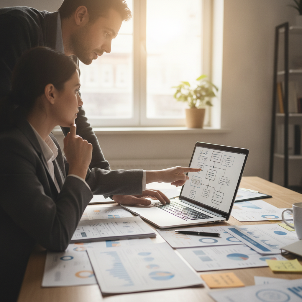 Entrepreneur and advisor reviewing a step‑by‑step incorporation workflow on a laptop during a planning session