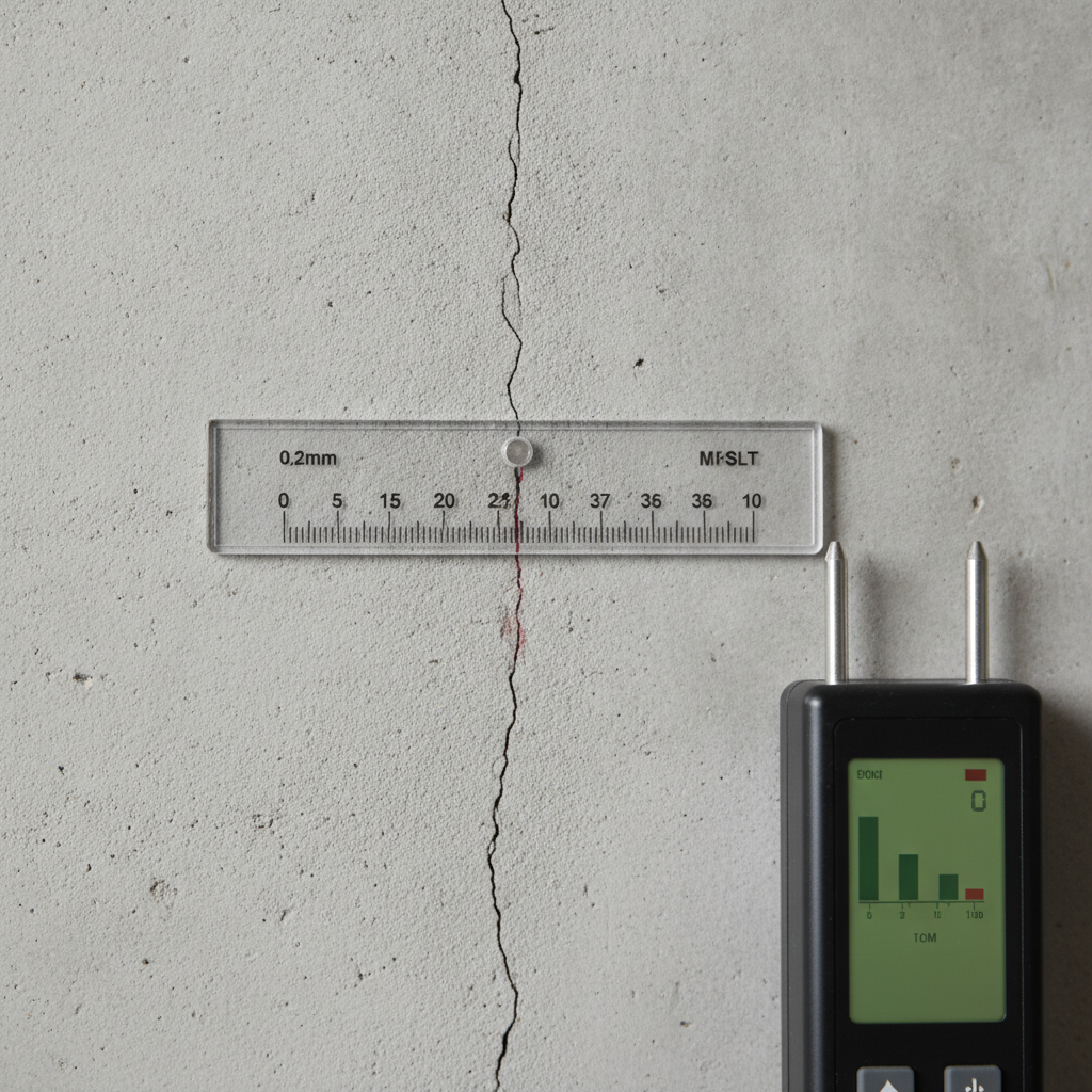Close-up of a crack gauge measuring a thin foundation crack during a house foundation inspection with a moisture meter nearby