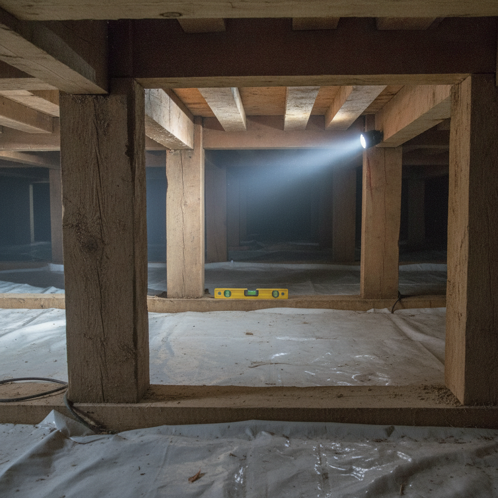 Crawl space perspective showing pier-and-beam supports, vapor barrier, and a level used during a house foundation inspection in a GTA home