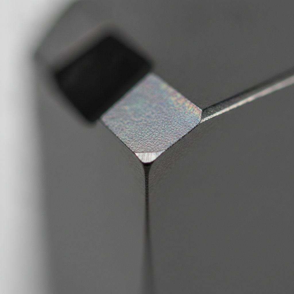Macro detail of a mirror-black diamond-like carbon DLC coating on a carbide insert, illustrating low-friction surface engineering
