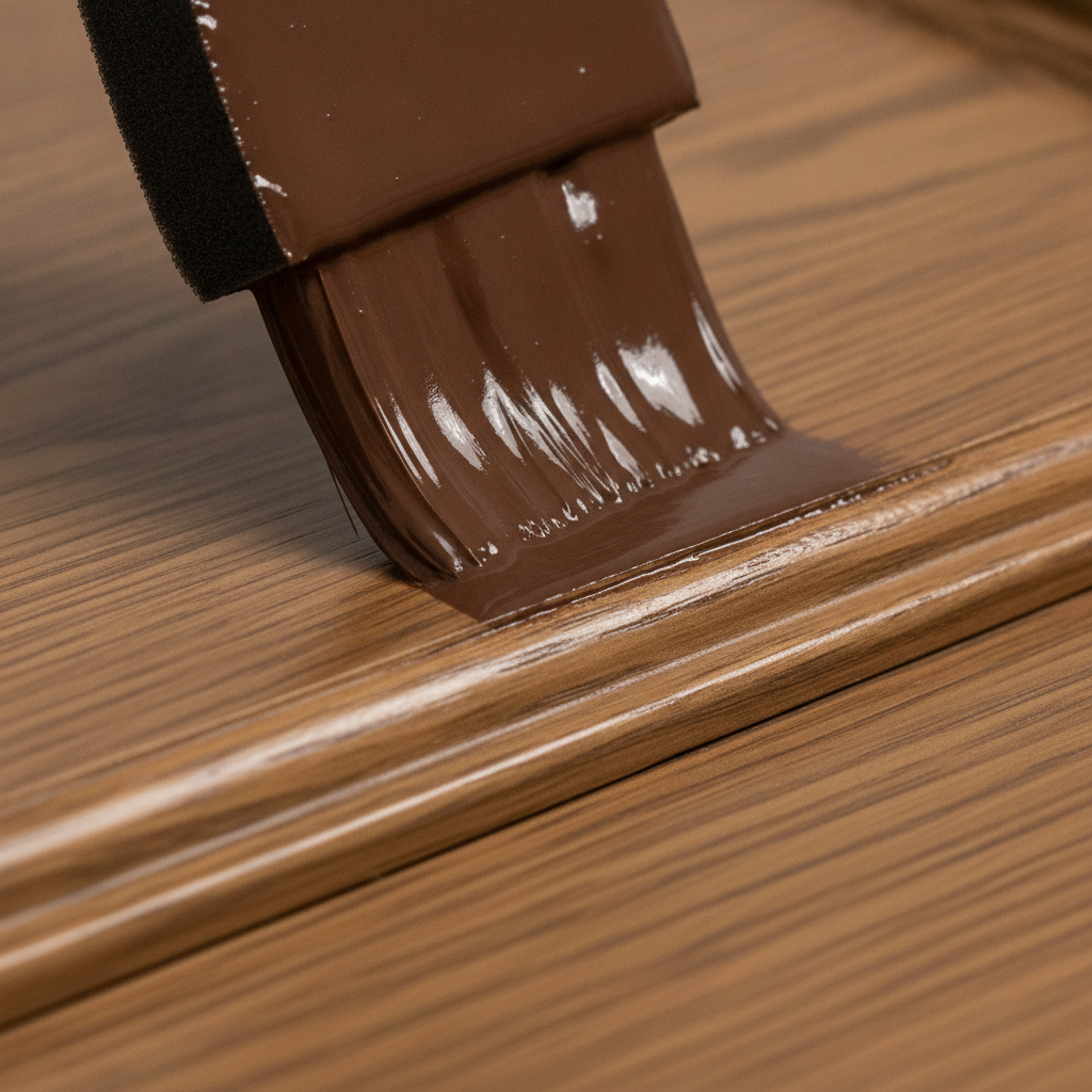 Close-up of foam brush applying dark walnut gel stain to a cabinet door edge during cupboard restaining