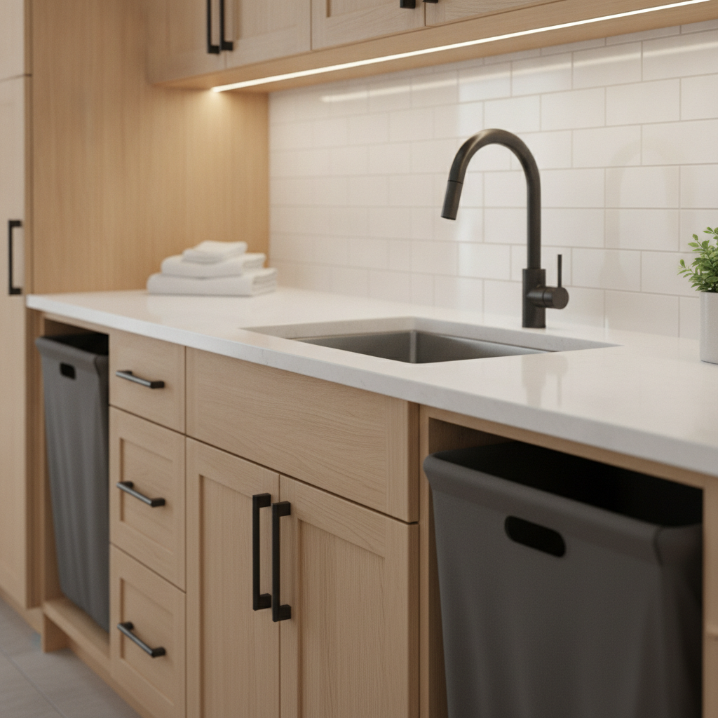 Basement Laundry Room: Best Layout Ideas for 2026 Today 1 Custom cabinetry detail for a basement laundry room remodel: pull-out hampers, quartz countertop, stainless utility sink, and LED task lighting