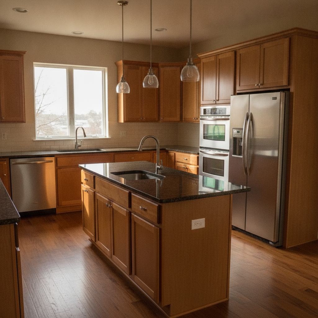 Finished Toronto kitchen showing freshly restained maple cupboards in a warm medium tone with stainless appliances