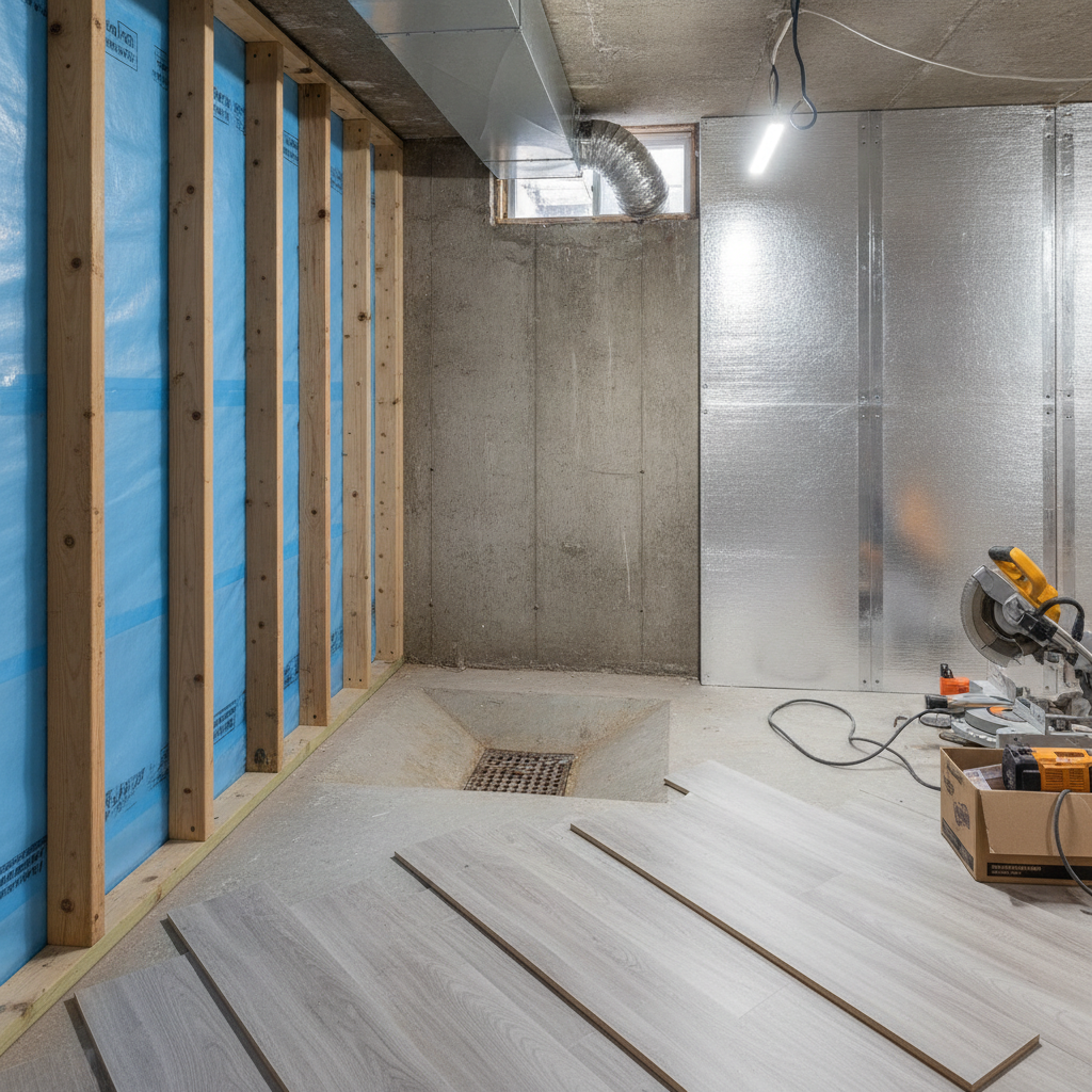 Basement Laundry Room: Best Layout Ideas for 2026 Today 2 Basement laundry remodel in progress: vapor barrier, rigid foam insulation, sloped floor drain, and dryer vent duct to exterior during fit-out stage
