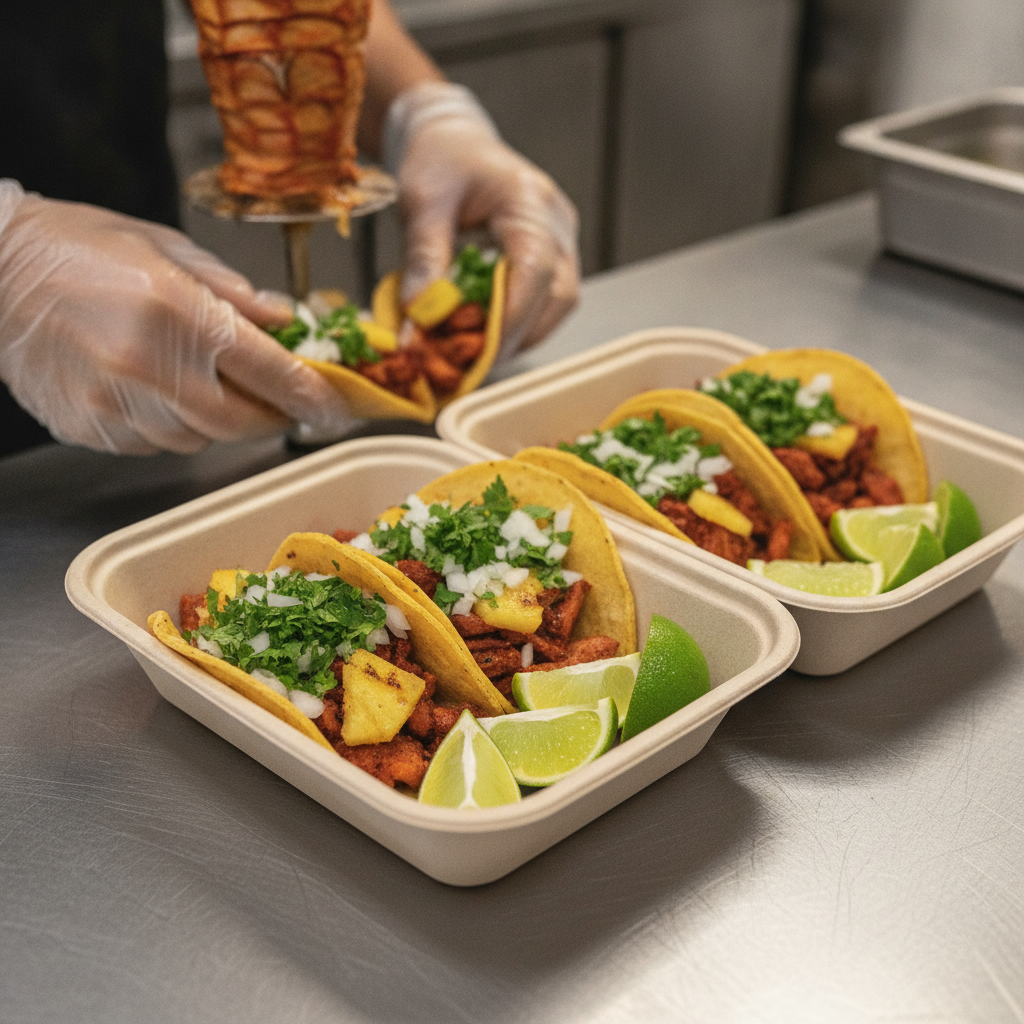 Close-up of tacos al pastor being packed into eco-friendly takeout containers, ideal for Mexican grill takeout orders in Toronto