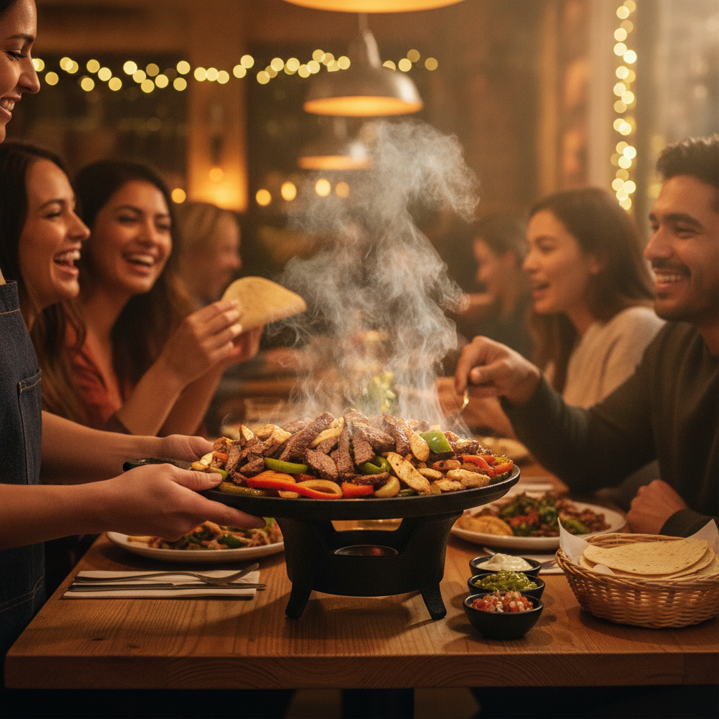 Sizzling fajita platter served tableside at a Mexican grill dine-in setting in Toronto, steam rising for peak flavor